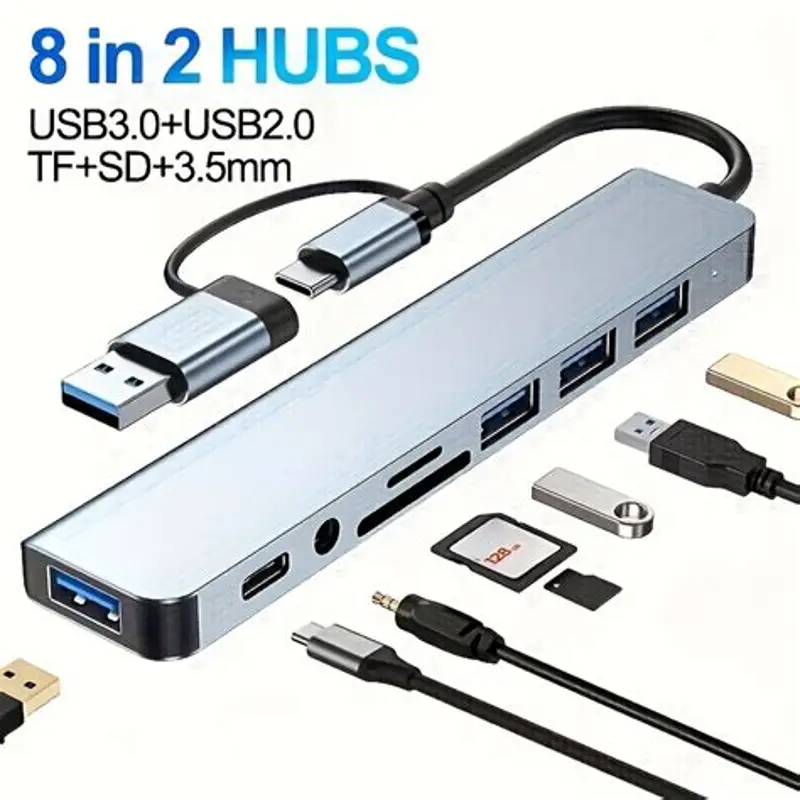 מתאם USB Hub 8 ב-2 עם חיבור USB Type-C ו-USB 3.0